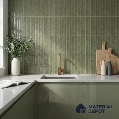 Modern Kitchen with Olive Green Glossy Backsplash Tile and Green Cabinets