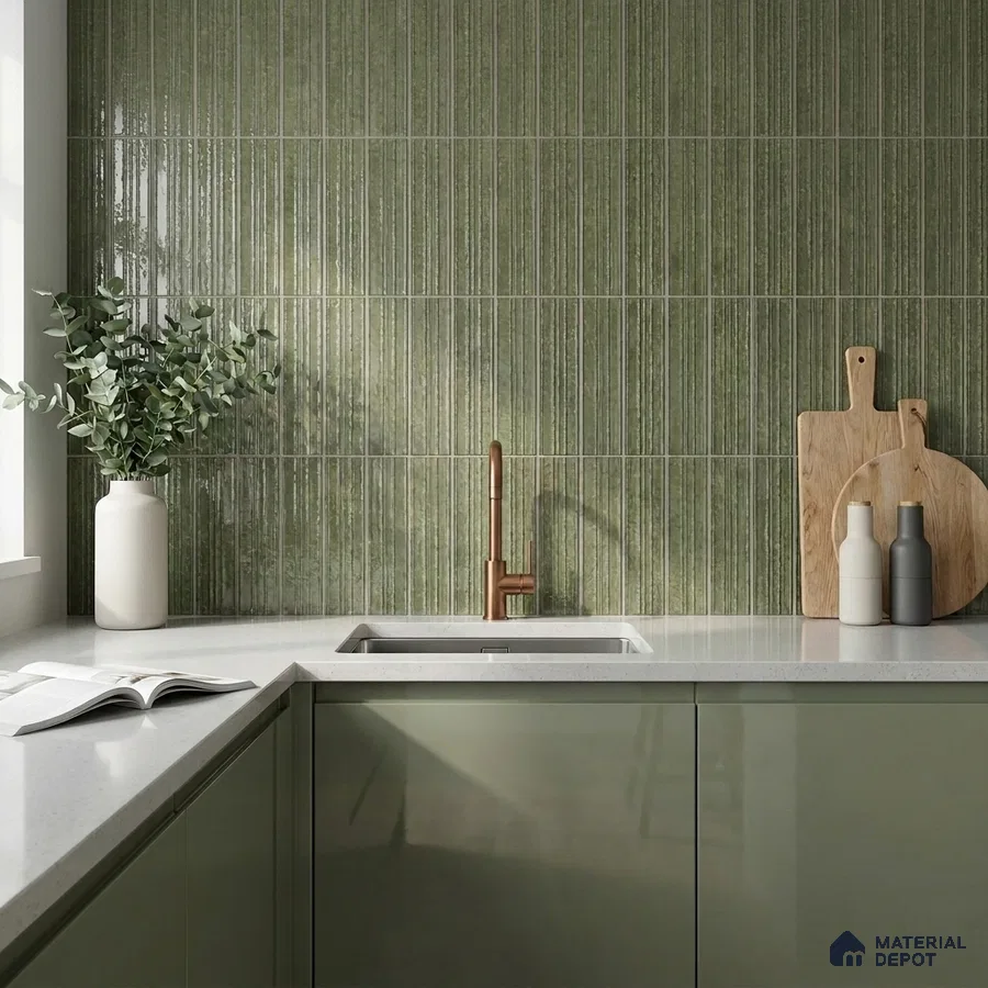 Modern Kitchen with Olive Green Glossy Backsplash Tile and Green Cabinets