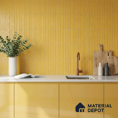 Modern Kitchen with Honey Yellow Glossy Backsplash Tile and Mustard Cabinets