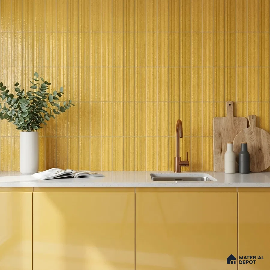Modern Kitchen with Honey Yellow Glossy Backsplash Tile and Mustard Cabinets