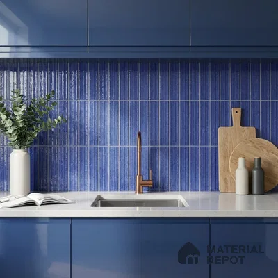 Modern Kitchen with Indigo Blue Glossy Backsplash Tile and Blue Cabinets