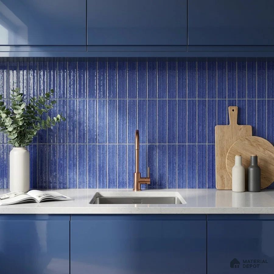 Modern Kitchen with Indigo Blue Glossy Backsplash Tile and Blue Cabinets