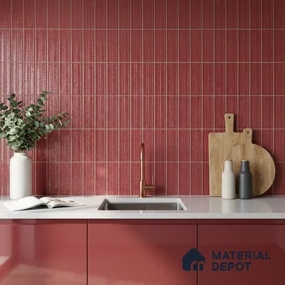 Modern Kitchen with Raspberry Red Glossy Backsplash Tile and Red Cabinets