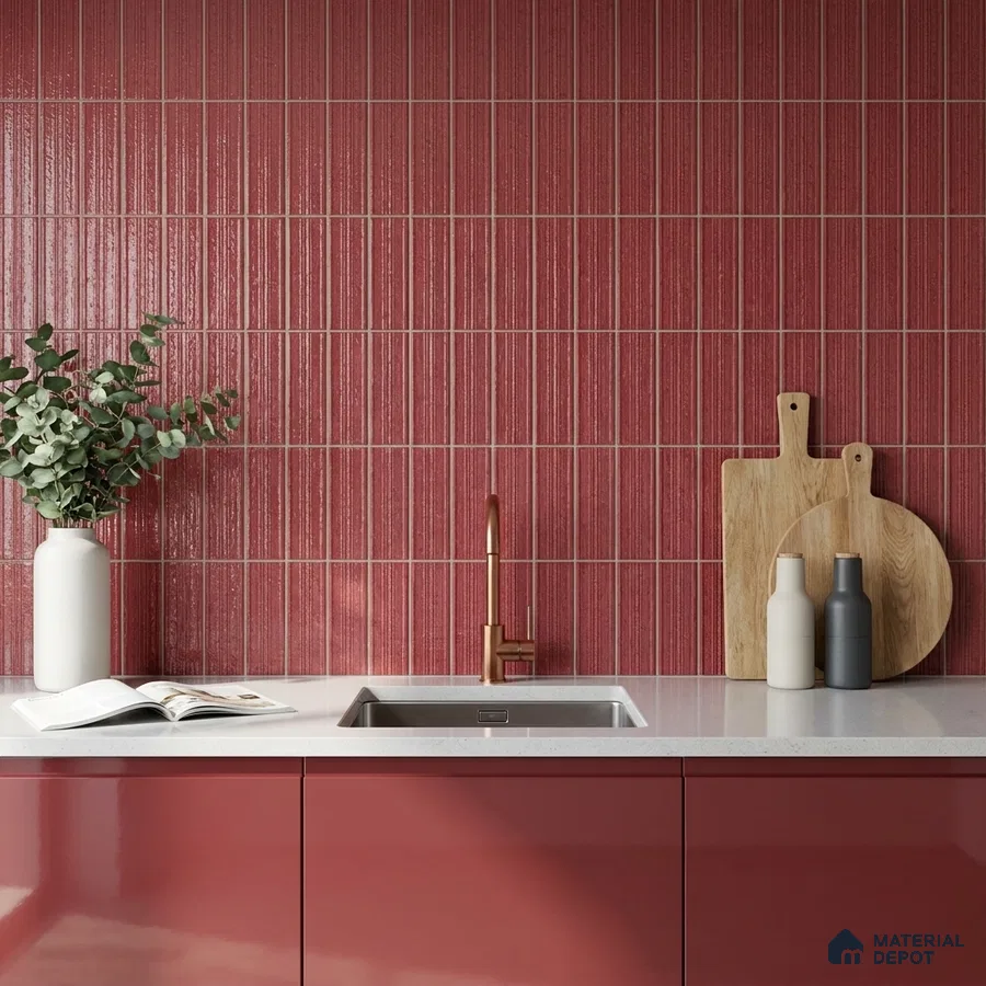 Modern Kitchen with Raspberry Red Glossy Backsplash Tile and Red Cabinets