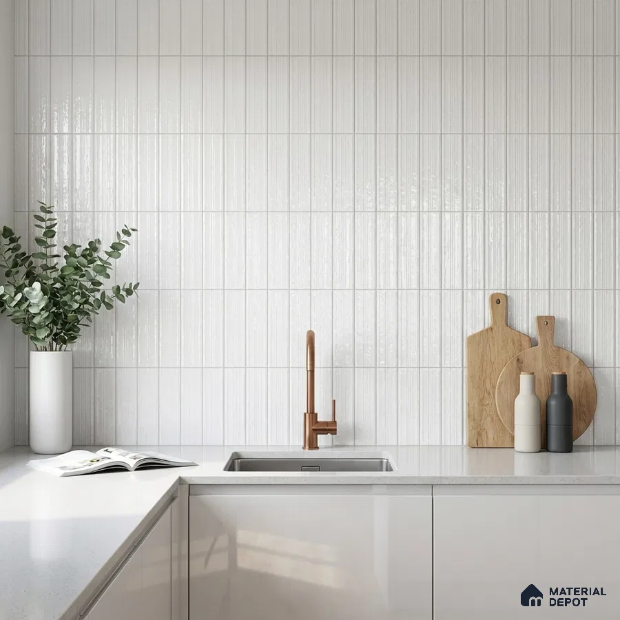 Scandinavian Kitchen with Frosty White Glossy Backsplash Tile