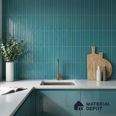 Modern Kitchen with Teal Blue Glossy Backsplash Tile and Teal Cabinets