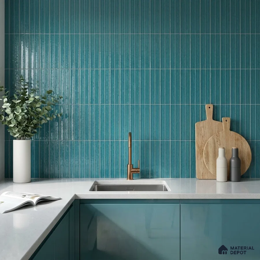 Modern Kitchen with Teal Blue Glossy Backsplash Tile and Teal Cabinets