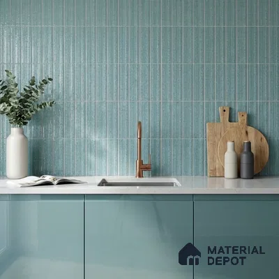 Modern Kitchen with Aqua Mist Glossy Backsplash Tile and Aqua Cabinets