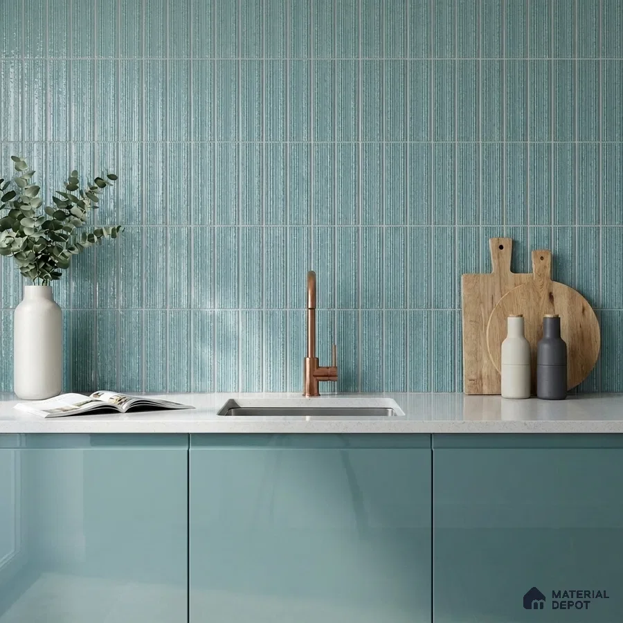 Modern Kitchen with Aqua Mist Glossy Backsplash Tile and Aqua Cabinets