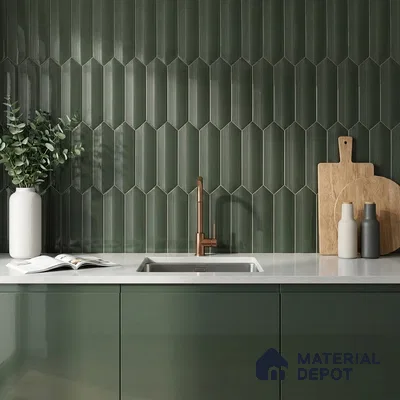 Modern Kitchen with Forest Green Glossy Picket Backsplash Tile and Green Cabinets
