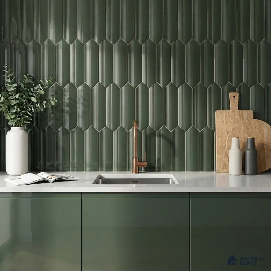 Modern Kitchen with Forest Green Glossy Picket Backsplash Tile and Green Cabinets