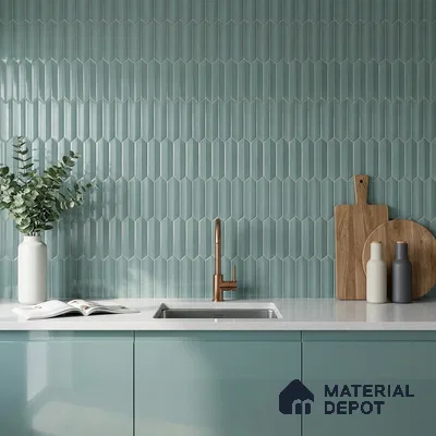Modern Kitchen with Mint Green Glossy Picket Backsplash Tile and Mint Cabinets