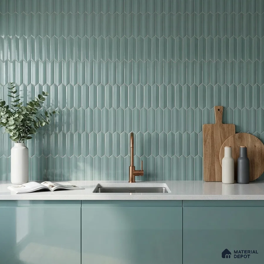 Modern Kitchen with Mint Green Glossy Picket Backsplash Tile and Mint Cabinets