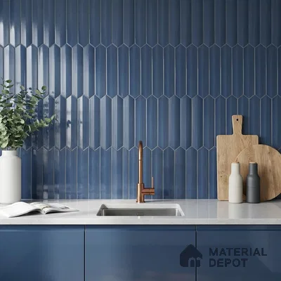 Modern Kitchen with Navy Blue Glossy Picket Backsplash Tile and Blue Cabinets