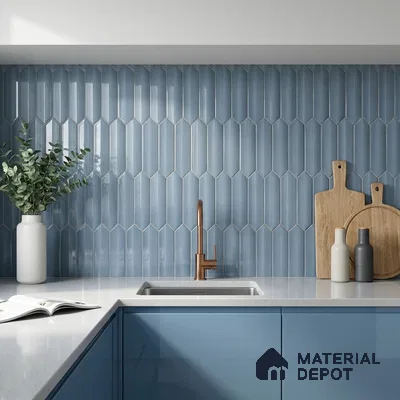Modern Kitchen with Sky Blue Glossy Picket Backsplash Tile and Blue Cabinets