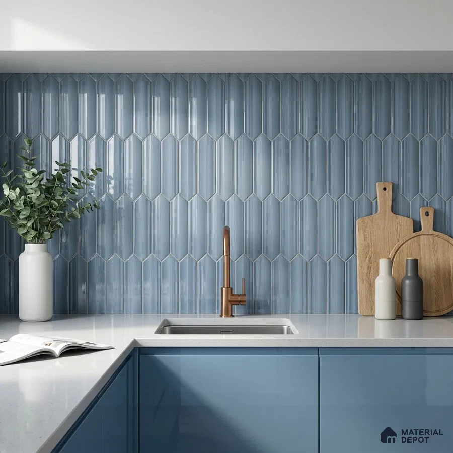 Modern Kitchen with Sky Blue Glossy Picket Backsplash Tile and Blue Cabinets