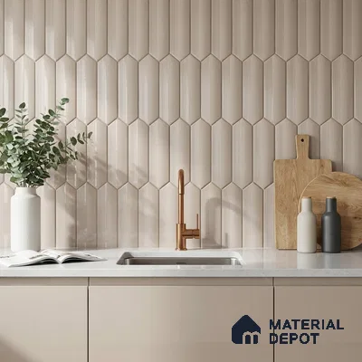 Scandinavian Kitchen with Vanilla Cream Glossy Picket Backsplash Tile