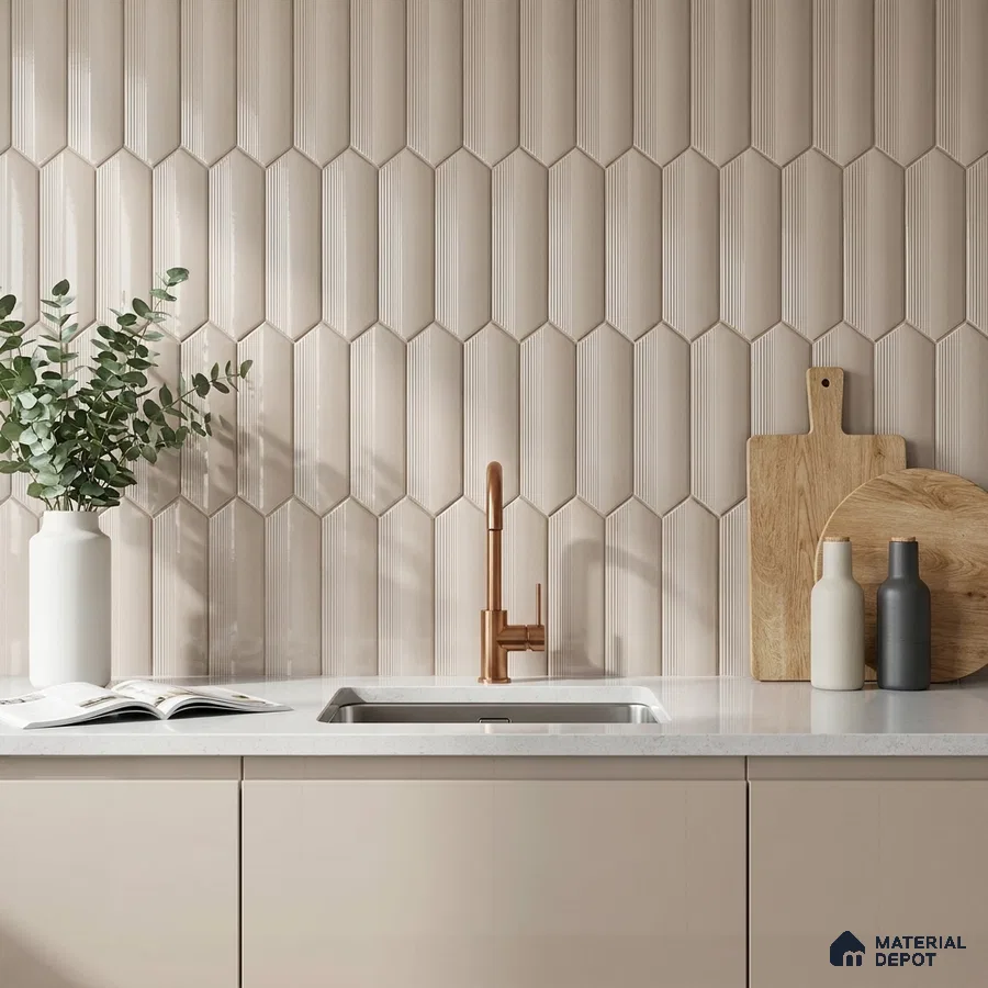 Scandinavian Kitchen with Vanilla Cream Glossy Picket Backsplash Tile