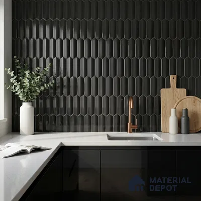 Modern Kitchen with Charcoal Black Glossy Picket Backsplash Tile and Black Cabinets