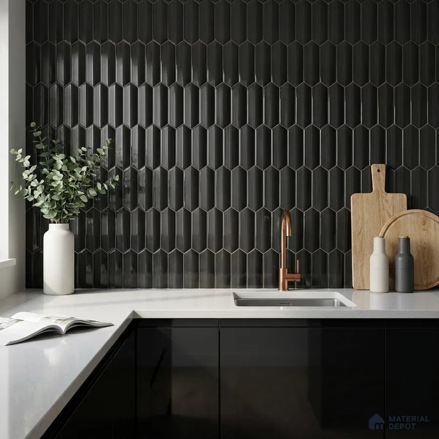 Modern Kitchen with Charcoal Black Glossy Picket Backsplash Tile and Black Cabinets