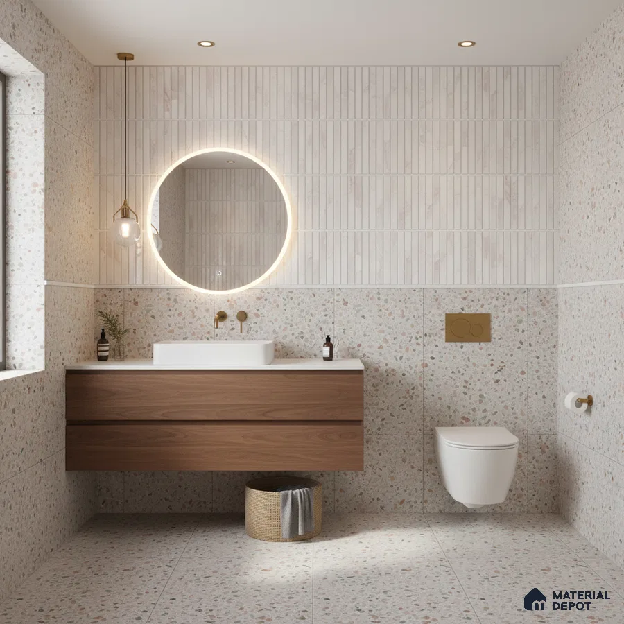 Minimalist bathroom with terrazzo wall and floor tiles and walnut wood floating vanity