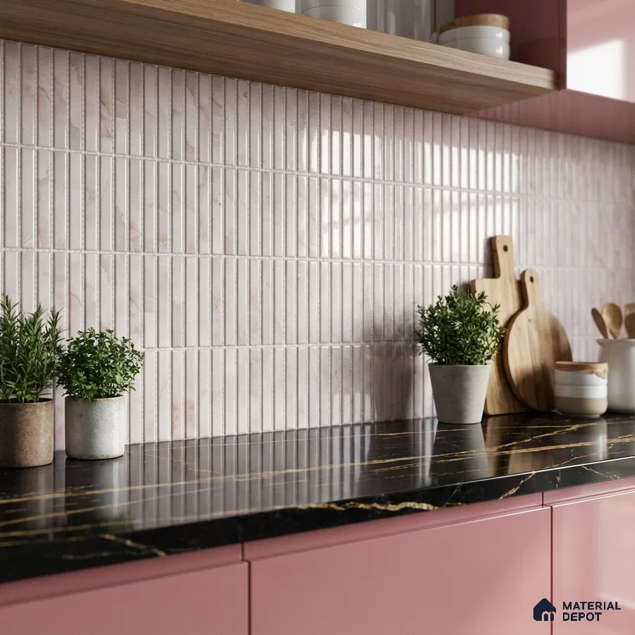 Modern kitchen with blush pink glossy laminate cabinets, black marble countertop, and vertical kitkat backsplash tiles