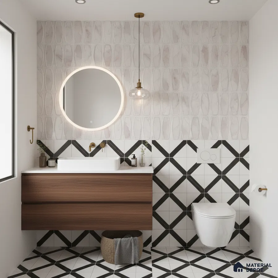 Modern kitchen with white geometric backsplash tile, white quartz countertop, and matte beige laminate cabinets