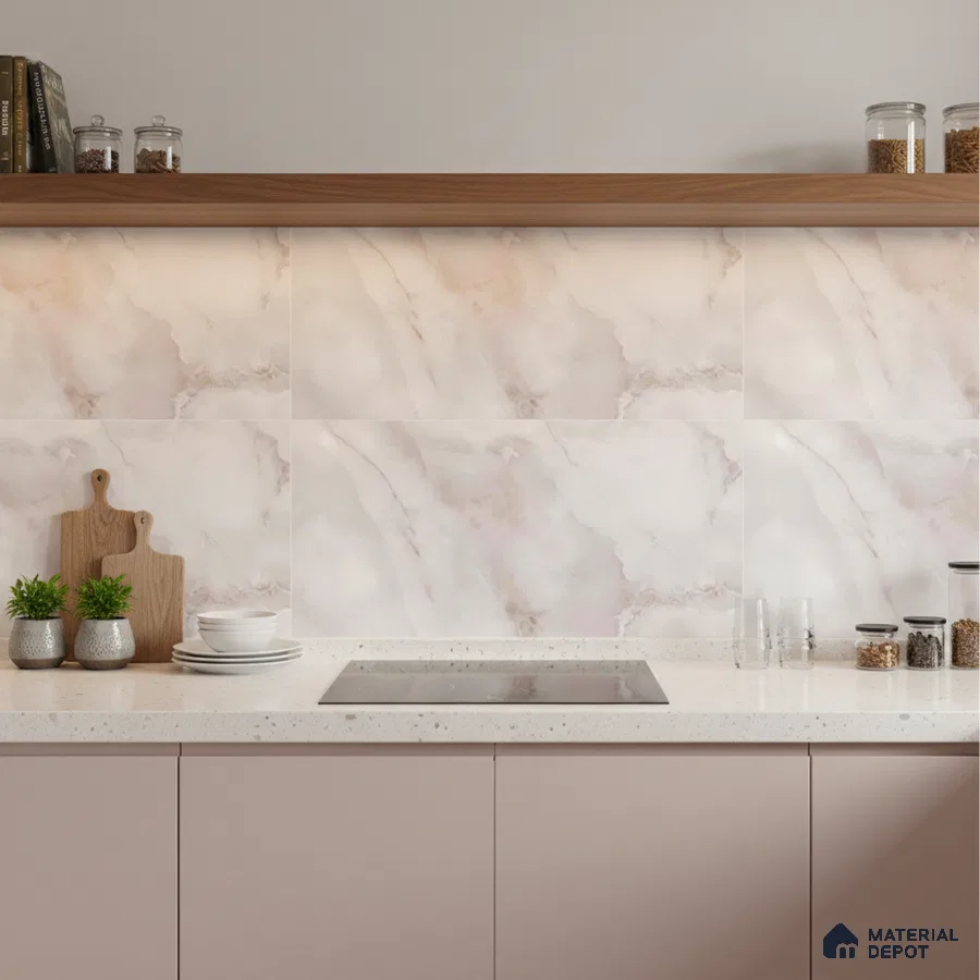 Modern kitchen with blush pink marble-look backsplash tile, white quartz countertop, and pastel pink laminate cabinets