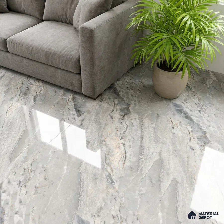 Modern living room with grey marble-look polished floor tiles and grey suede sofa