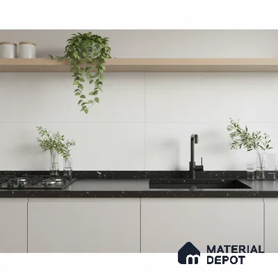 Minimalist kitchen with matte white laminate cabinets, black marble-look quartz countertop, and light oak open shelf