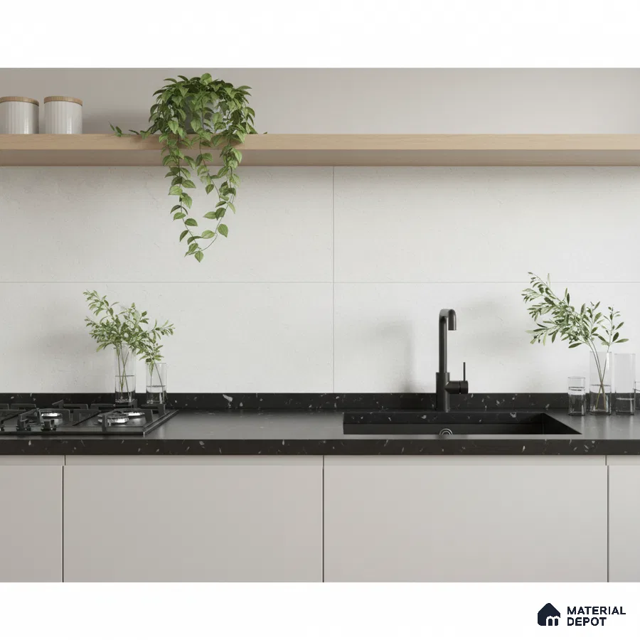 Minimalist kitchen with matte white laminate cabinets, black marble-look quartz countertop, and light oak open shelf
