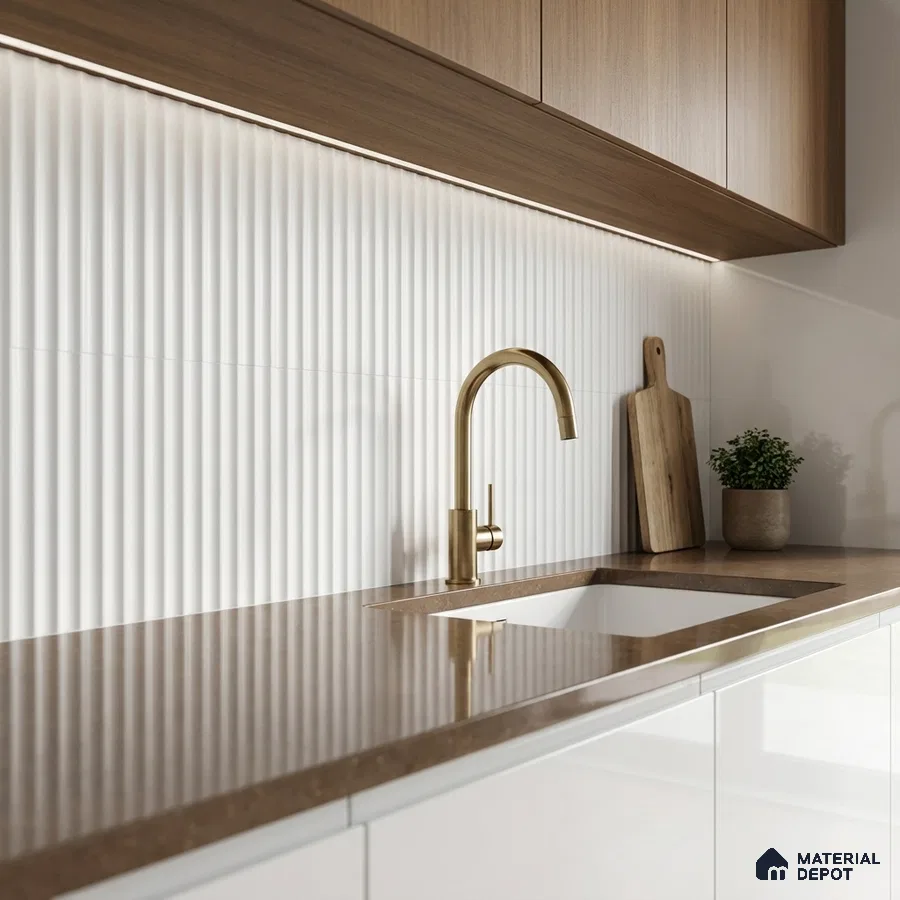 Modern kitchen with brown quartz countertop, white fluted backsplash tile, and wood grain laminate cabinets