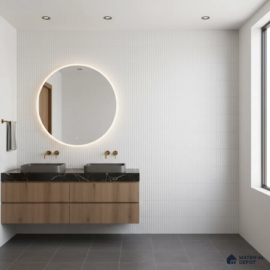 Minimalist bathroom with white fluted wall tiles, black quartz countertop, and wood vanity