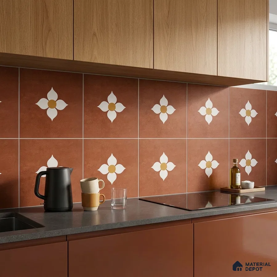 Modern kitchen with terracotta floral patterned backsplash tiles and wood grain laminate cabinets
