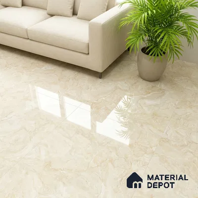 Modern living room with beige marble-look glossy floor tiles and neutral fabric sofa