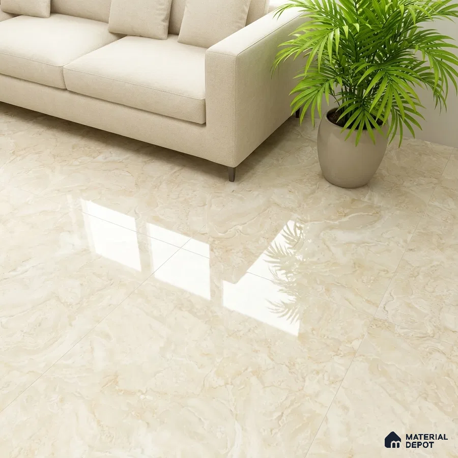 Modern living room with beige marble-look glossy floor tiles and neutral fabric sofa