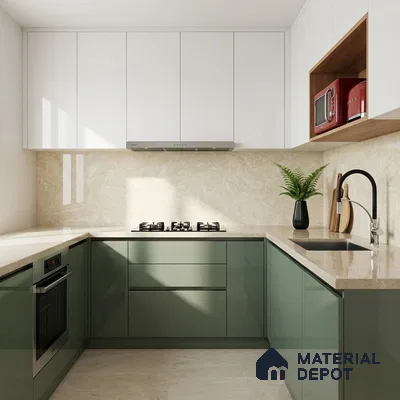 Modern dual tone kitchen with sage green and frosty white laminate, beige marble backsplash and countertop