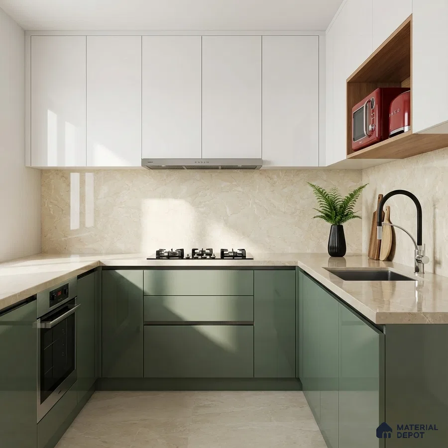 Modern dual tone kitchen with sage green and frosty white laminate, beige marble backsplash and countertop