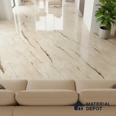 Modern living room with polished beige marble-look floor tiles