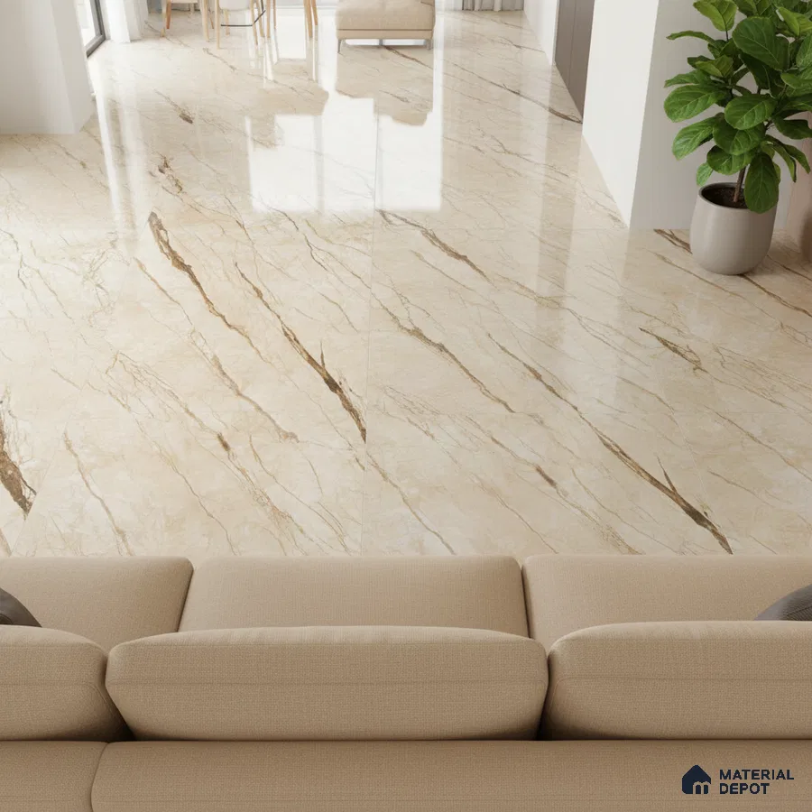Modern living room with polished beige marble-look floor tiles