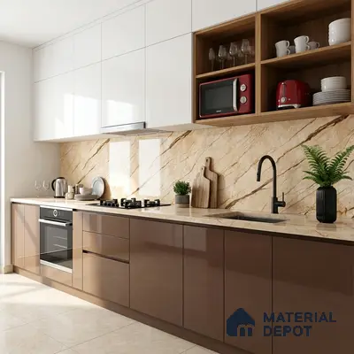Modern kitchen with glossy brown and white laminate, beige marble backsplash and countertop