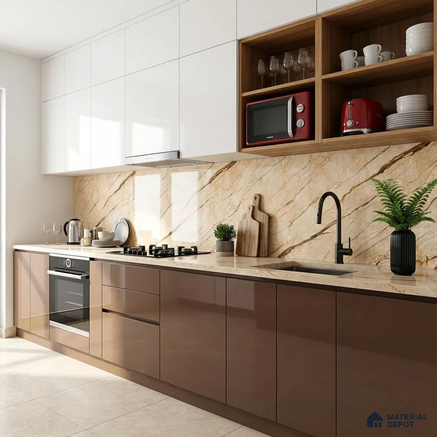 Modern kitchen with glossy brown and white laminate, beige marble backsplash and countertop