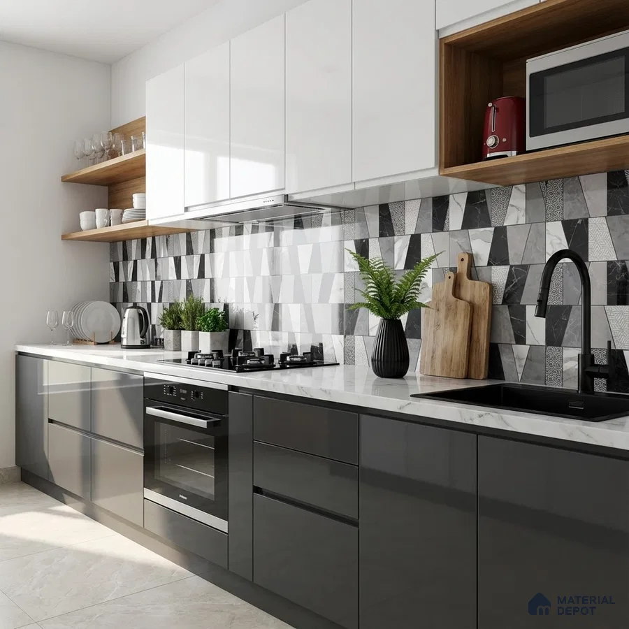 Modern kitchen with glossy grey and white laminate, geometric patterned backsplash tile, and white quartz countertop