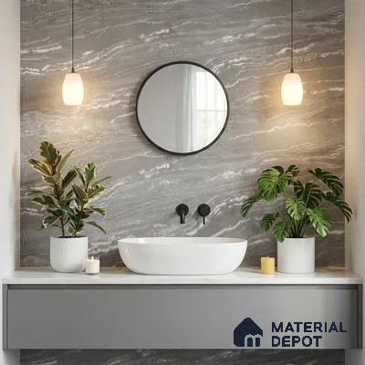 Modern bathroom with grey vein-cut marble wall tile and matte grey vanity