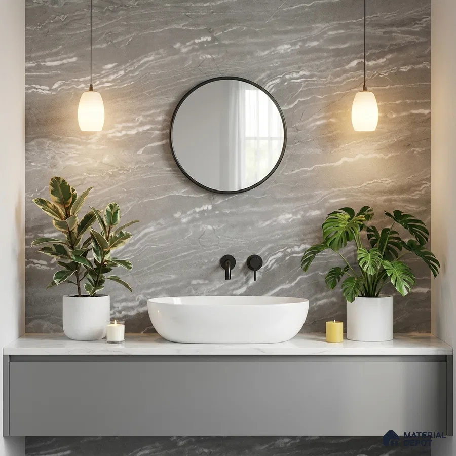 Modern bathroom with grey vein-cut marble wall tile and matte grey vanity
