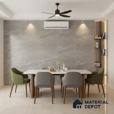 Modern dining room with grey marble wall tiles and beige polished floor tiles