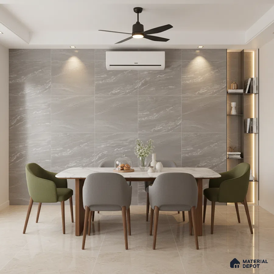 Modern dining room with grey marble wall tiles and beige polished floor tiles