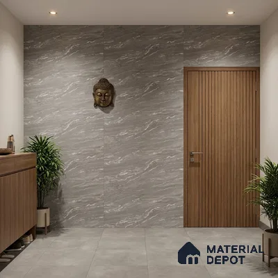 Modern foyer with grey marble-look wall tiles, wooden louvered door, and matte grey floor tiles
