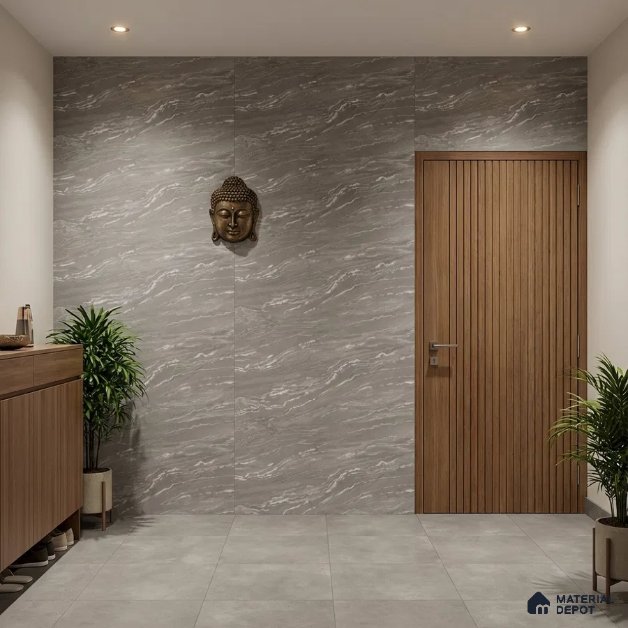 Modern foyer with grey marble-look wall tiles, wooden louvered door, and matte grey floor tiles