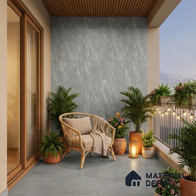 Modern balcony with grey marble wall tiles, concrete look floor tiles, and wooden ceiling louvers